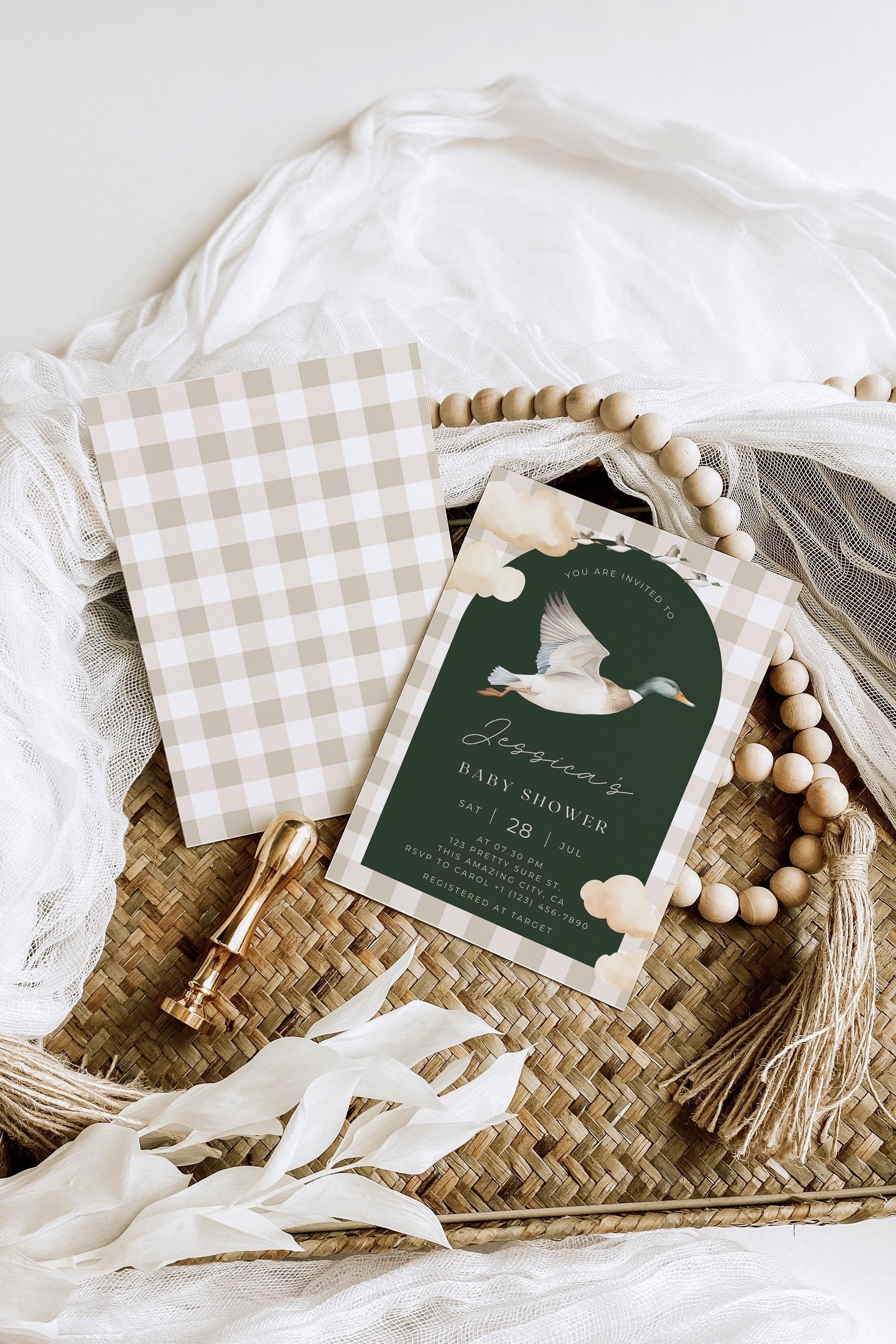 Editable Mallard Duck Green Gingham Baby Shower Invitation | Elegant Classic Gingham Boy Evite | Duck Hunting Baby Shower Invite