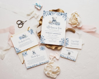 Chinoiserie and Teddy Bear Afternoon Tea Party Baby Shower Invitation Set - Digital Invites - Gender Neutral Baby Shower - Editable Bundle