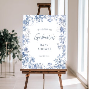 Toile De Jouy Blue Baby Shower Signo de bienvenida, Azul Chinoiserie Vintage Board Banner Sign Canva Plantilla CH01