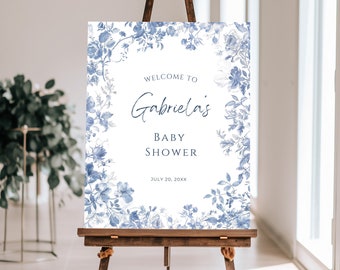 Toile De Jouy Blue Baby Shower Welcome Sign, Blue Chinoiserie Vintage Board Banner Sign Canva Template CH01