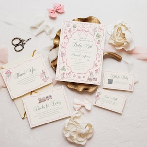 Könnte beinhalten: Eine Sammlung von Babyparty-Papeterie, darunter eine Einladung, Dankeskarten und Geschenkkarten. Die Einladung trägt den Text "Tis the Season for a Baby Girl". Die Karten sind mit rosa und grünen Illustrationen versehen und mit Schleifen und Blumen arrangiert.