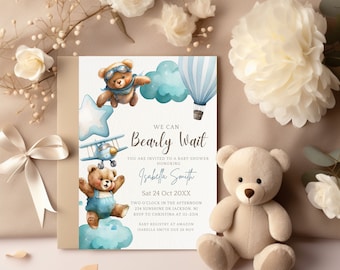 編集可能な「We Can Bearly Wait」ベビーシャワー招待状 ダスティブルーの「We Can Bearly Wait」招待状 ボヘミアンボーイのベビーシャワー招待状 Canva テンプレート