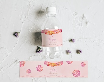 Editable Cielito Lindo Baby Shower Shower Pink Water Bottle Label 8x2" Talavera Paper Picado Mexican For Girls Canva Template