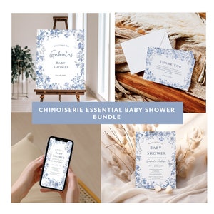 Editable Dusty Blue Baby Shower Invite Set Elegant Chinoiserie Blue Floral Baby Shower Invitation Essential French Toile De Jouy Bundle CH01