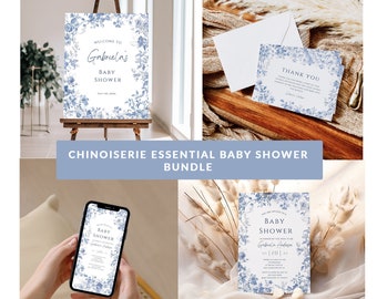 Editable Dusty Blue Baby Shower Invite Set Elegant Chinoiserie Blue Floral Baby Shower Invitation Essential French Toile De Jouy Bundle CH01