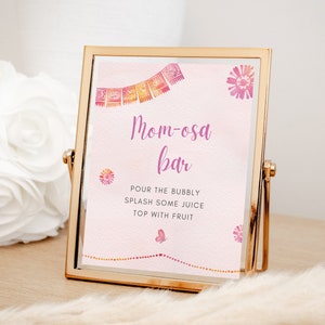 Modificabile Cielito Lindo Baby Shower Shower Pink Mimosa Bar Sign Talavera Carta Picado Messicano per ragazze Canva Template Party Favor Table Sign