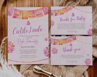 Bearbeitbares Rosa Cielito Lindo für Mädchen-Set Talavera-Babypartypapier Picado-Babyparty für Mädchen-mexikanisches Thema Danke, Bücher für Baby