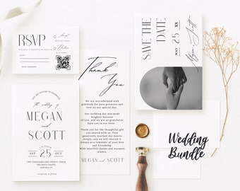 Modern Minimalist Wedding Invitation Bundle QR code Template Wedding Set RSVP Online Wedding Invitation Canva Template