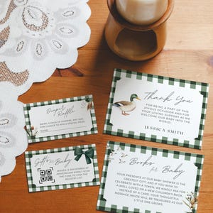 May include: Four green and white gingham baby shower cards with floral and duck illustrations. The cards include a diaper raffle, a gift registry QR code, a thank you message, and a request for books instead of cards.