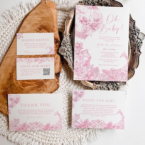 Elegant Pink Toile de Jouy Baby Shower Invitation, Chinoiserie Hot Air Balloon Safari Animal Theme, Editable Template Invite Bundle QR code