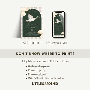 May include: A green and white baby shower invitation with a duck illustration and a gingham pattern. The invitation is for Jessica's baby shower on Saturday, July 28th. The invitation is 5x7 inches and is available in a 1170x2532 pixel format.