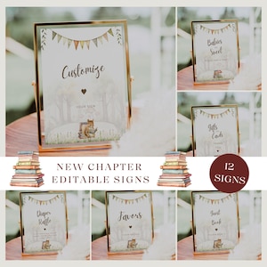 May include: A collection of editable signs with gold frames, featuring watercolor illustrations and text. The signs include phrases like "Customize," "Babies & Sweet," and "Diaper Raffle." A stack of books and a woodland scene with a fox reading a book are also shown.