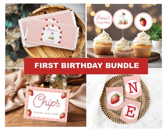 Editable Berry First Birthday Decoration Bundle, Strawberry 1st Birthday Invitation Template, Berry Birthday Decor, 1st Birthday Girl