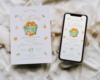 Invito modificabile per baby shower Little Cuties Evite / Genere neutro / Invito per baby shower Two Cuties Genere neutro / Invito per baby shower Orange