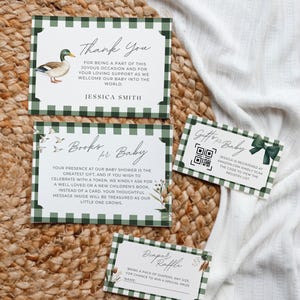 May include: Green and white checkered baby shower thank you cards with a duck illustration, a book request card with floral illustrations, a gift registry card with a QR code, and a diaper raffle card.