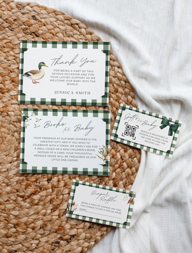 May include: Green and white checkered baby shower thank you cards with a duck illustration, a book request card with floral illustrations, a gift registry card with a QR code, and a diaper raffle card.