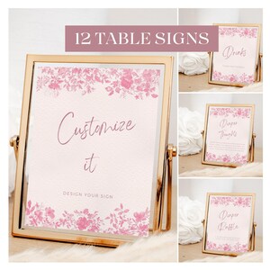 Toile de Jouy roze babyshower tafelborden, blauwe chinoiserie vintage borden bannercanva sjabloon CH02