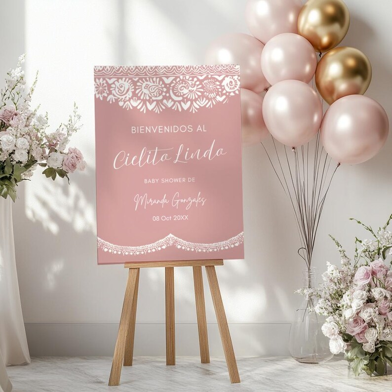 Editable Cielito Lindo Baby Shower Blush Pink Sign in Spanish