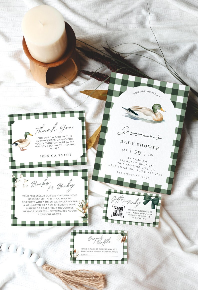 May include: Green and white checkered baby shower invitation with a duck illustration. The invitation includes the text "You are invited to Jessica's Baby Shower" and details about the event. There are also cards for guests to bring books for the baby, a diaper raffle, and a gift registry QR code.