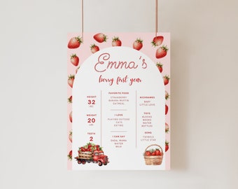 Berry First Birthday | Milestone Board | Strawberry Milestone Birthday Poster Editable | 1St Birthday Poster | 1St Birthday Milestone Sign