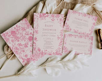 Pink Toile de Jouy Baby Shower Pink Invitation Elegant Chinoiserie Floral Baby Shower French Victorian Invite Editable Template CH02