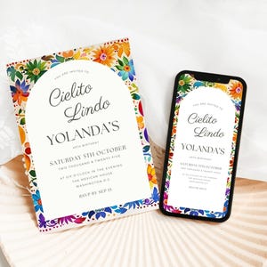 Peut inclure: Une invitation colorée avec une bordure florale et le texte "You are invited to Cielito Lindo Yolanda's 45th Birthday Saturday 5th October Two Thousand & Twenty Five at Six O'Clock in the Evening The Mexican House Washington D.C. RSVP by Sep 15".