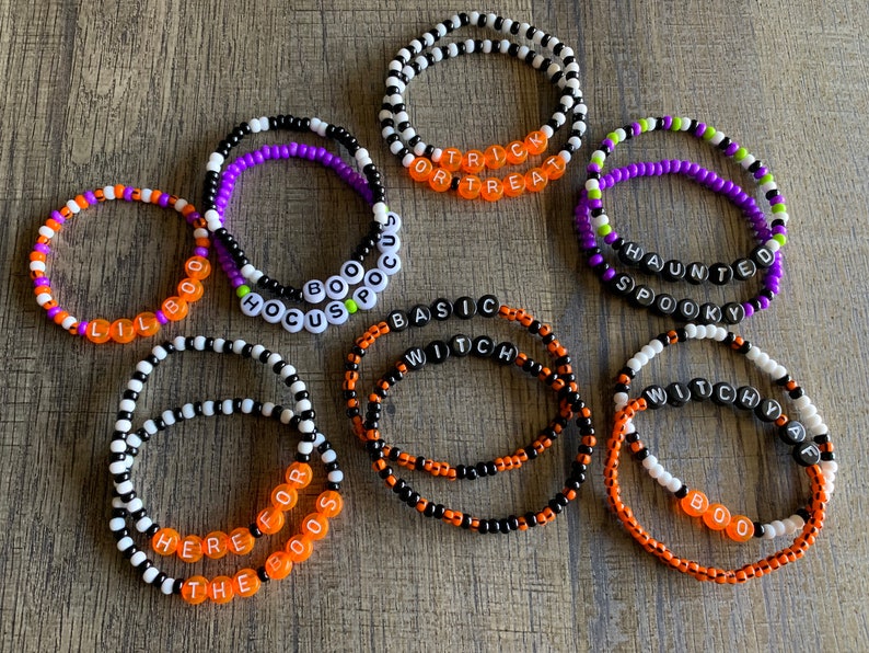 Halloween Beaded Bracelets Halloween Themed Bracelets Bead Word Bracelet Personalized Gift Stackable image 1