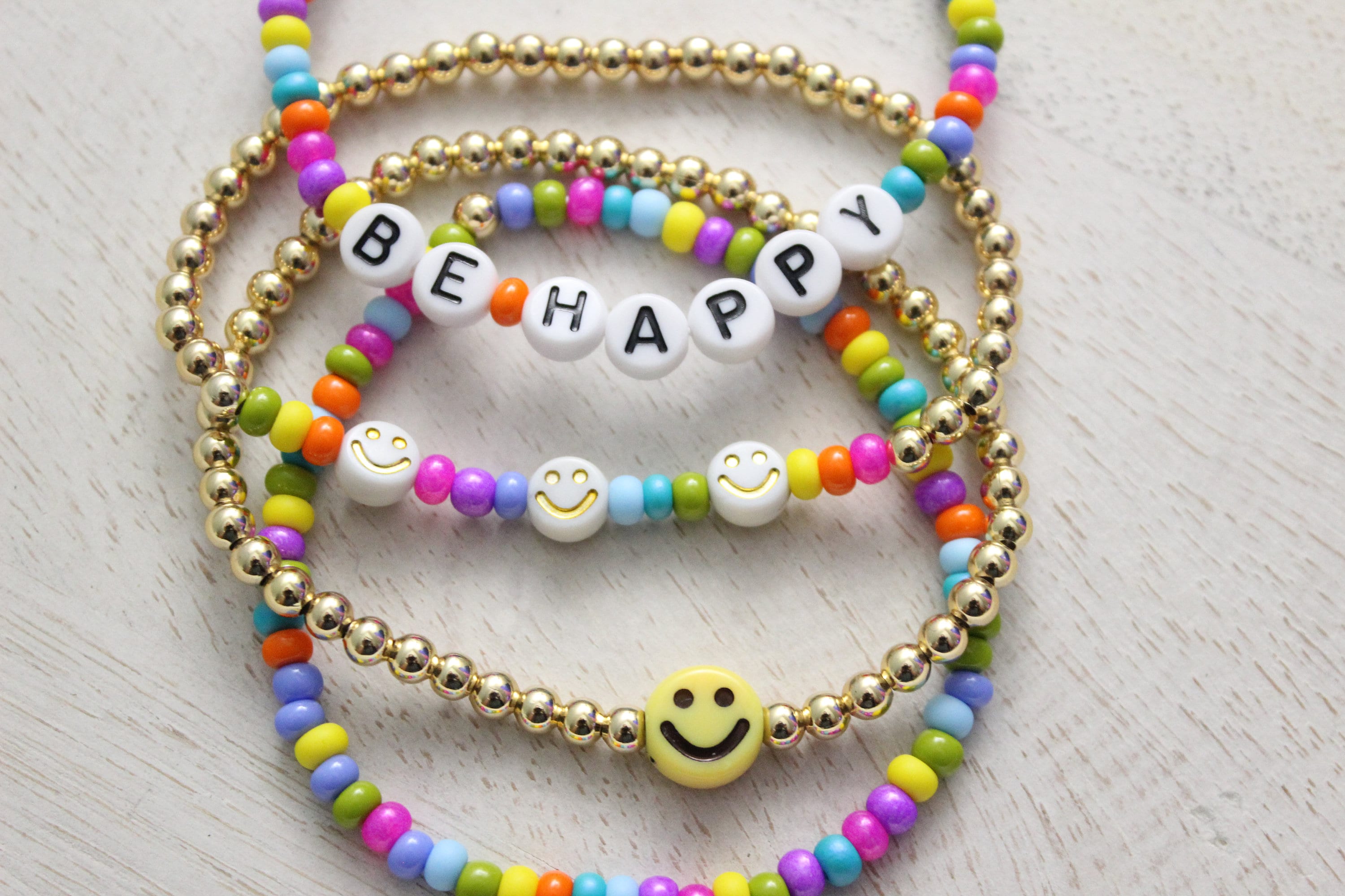 BE HAPPY Beaded Bracelets Smiley Face Custom Personalized 