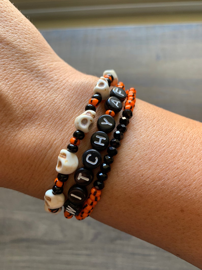 Halloween Beaded Bracelets Halloween Themed Bracelets Bead Word Bracelet Personalized Gift Stackable Witchy AF