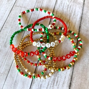 Christmas Themed Bracelets | Santa’s Ho | Jolly AF | Merry AF | Beaded Word Bracelet | Personalized Beaded Bracelet | Stackable |