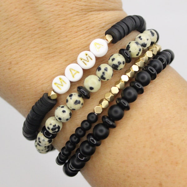 Custom Beaded Bracelets | Leopard Gemstone & Black Stone bracelet Stack | Personalized Bracelet Stack