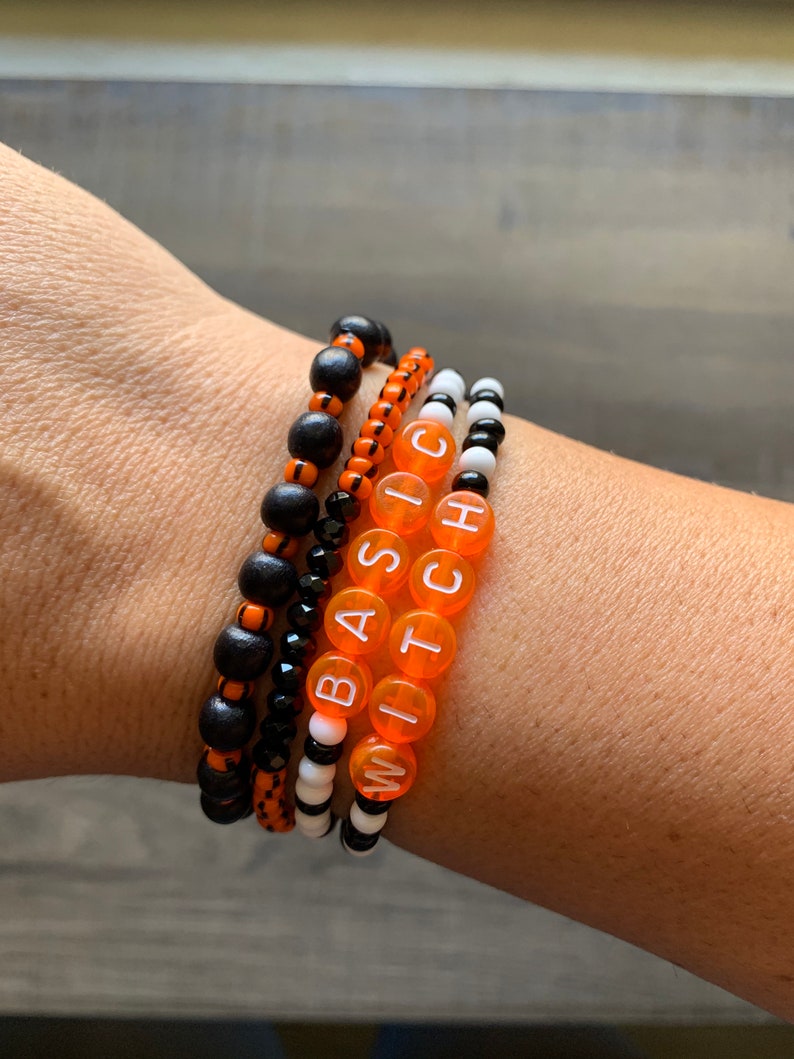 Halloween Beaded Bracelets Halloween Themed Bracelets Bead Word Bracelet Personalized Gift Stackable Basic Witch Orange