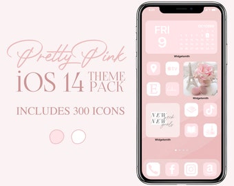 May include: A pink iPhone displaying a custom iOS 14 theme. The theme, called "Pretty Pink," includes 300 icons and features a pink and white color scheme. The screen shows widgets, including a calendar, app icons, and a photo.