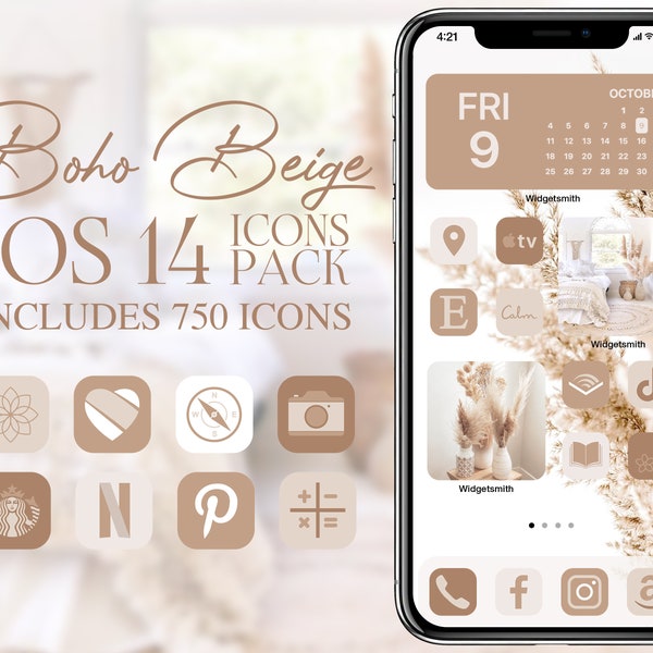 iOS14 Boho Beige Icon Pack | Bohemian Soft Brown Blush iPhone IOS14 App Icons Bundle | Aesthetic Home Screen | Widgetsmith
