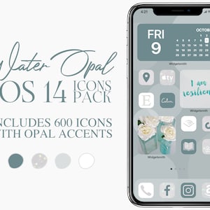 May include: A mockup of an iPhone screen with a custom iOS 14 home screen design. The background is a light blue-grey color. The icons are white with opal accents. The text "Water Opal iOS 14 Icons Pack" is displayed at the top of the screen. The text "Includes 600 icons with opal accents" is displayed below the icons. The text "I am resilient." is displayed on one of the icons.