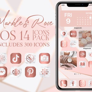 iOS14 Marble & Rose Gold Icon Pack | Metallic Rose Gold White Marble iPhone IOS14 App Icons Bundle | Aesthetic Home Screen | Widgetsmith