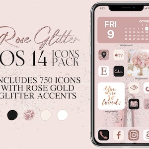 iOS14 Rose Gold Glitter Icon Pack | Rose Gold iPhone IOS14 App Icons Bundle | Aesthetic Home Screen | Widgetsmith