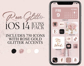 iOS14 ローズゴールド グリッター アイコン パック | ローズゴールド iPhone IOS14 アプリ アイコン バンドル | 美しいホーム画面 | Widgetsmith
