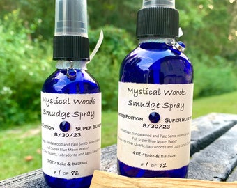 Smudge Spray Mystical Woods | RARE  Limited Edition | Super Blue Full Moon Hurricane Water August 2023| Crystals, Palo and Sandalwood |