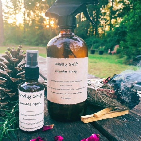 Smudge Spray Wholly Shift | Sage Spray| Palo Santo |Crystal Infused Negative Energy Cleansing Spray| Smokeless | Full Moon Water| Wicca