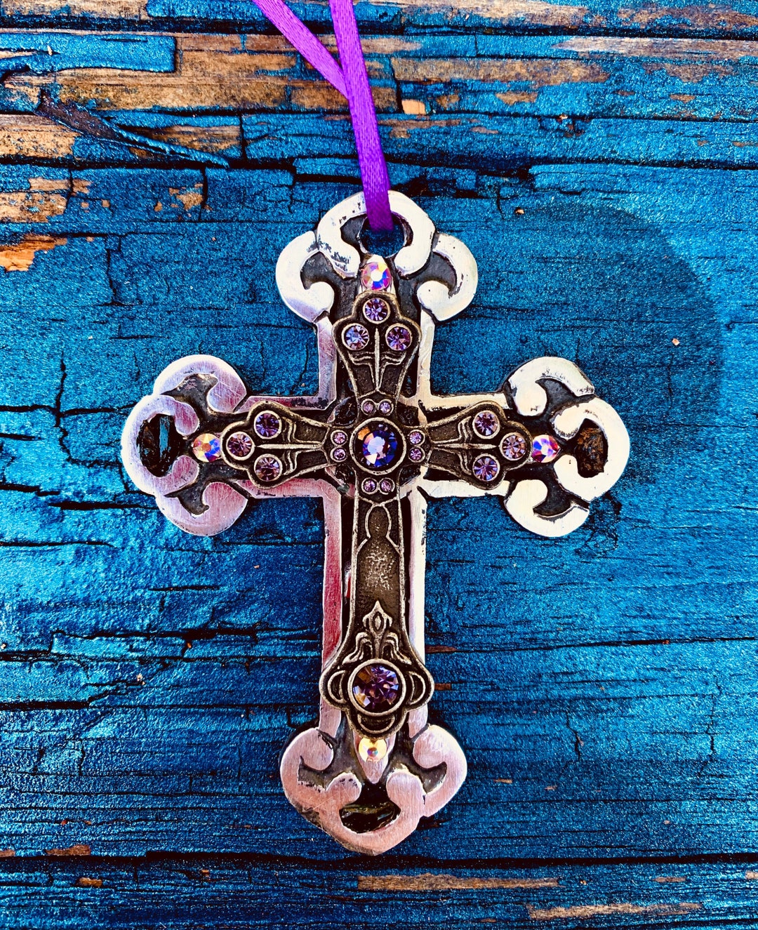Wall Crucifix Metal Jeweled Cross House Blessing Black Tourmaline