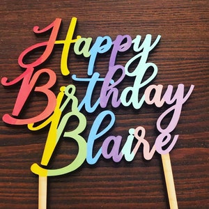 Happy Birthday Rainbow Cake Topper / Personalized Cake Toppers / Wood Cake Toppers / Painted Cake Toppers