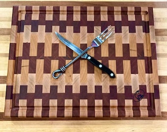 15.5x12.5" Cherry Sapele and Maple End Grain Cutting Board, Butcher Block Cutting Board with Juice Groove