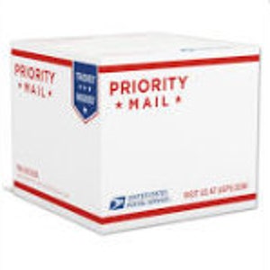 May include: A white Priority Mail box with red and blue accents. The box has the words "Priority Mail" printed on the front and side.