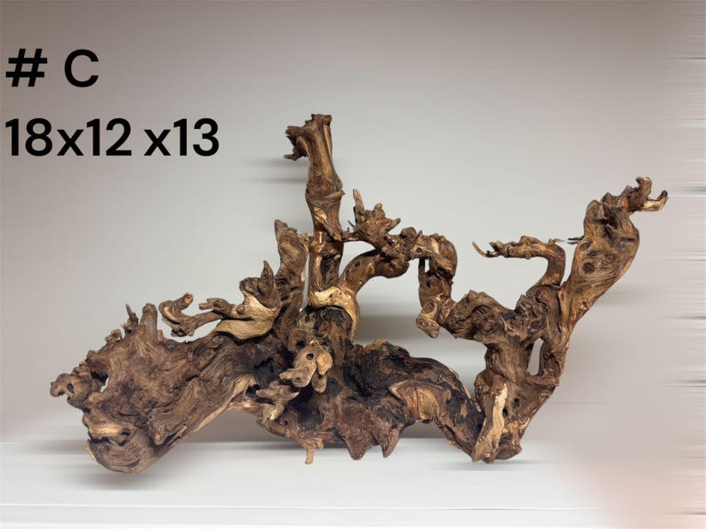 May include: A piece of natural brown driftwood with complex, twisted branches and a textured surface. The item is labeled # C and has dimensions of 18x12x13 inches. The wood features varying shades of dark and light brown with organic knots.