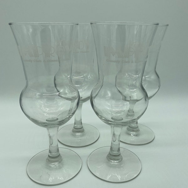 Improv Comedy Club & Dinner/Theatre drinking glasses/ Clear glass/ Set of 4/ Funny dinner party