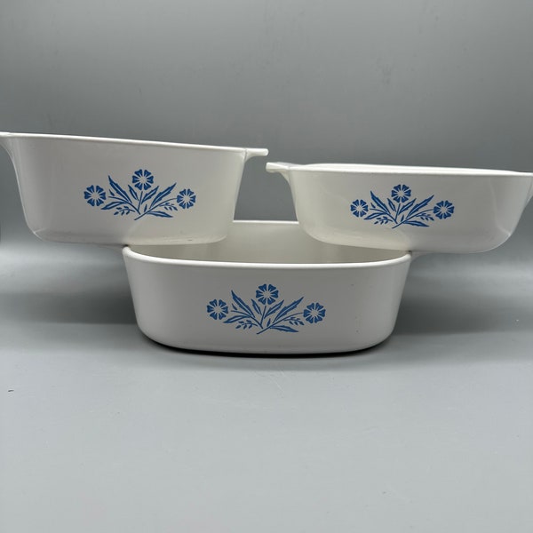 Vintage Corning Ware Set of 3 Casserole Dishes | Bakeware | Blue & White Cornflower