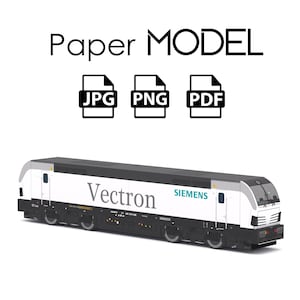 Könnte beinhalten: Ein weiß-schwarzes Papiermodell einer Siemens Vectron Lokomotive. Das Modell ist fertig zum Zusammenbauen und trägt das Siemens Logo und den Schriftzug "Vectron" an der Seite.