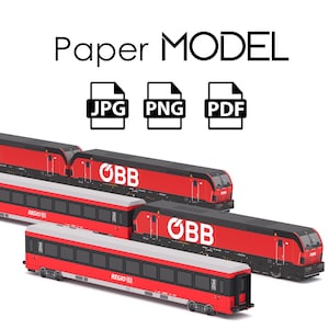 Puede incluir: Un modelo de papel de un tren de pasajeros rojo y blanco con el logotipo "OBB" en el lateral. El tren está formado por dos coches, uno de los cuales es una locomotora. El modelo está disponible en formatos JPG, PNG y PDF.