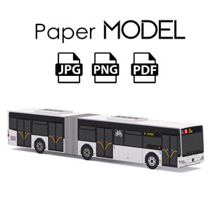 Könnte beinhalten: Ein weiß-schwarzes Gelenkbusmodell mit dem Text "Paper MODEL" darüber. Der Bus hat schwarze Fenster, gelbe Akzente und ein Fahrradsymbol. Dateityp-Symbole für JPG, PNG und PDF werden ebenfalls angezeigt.